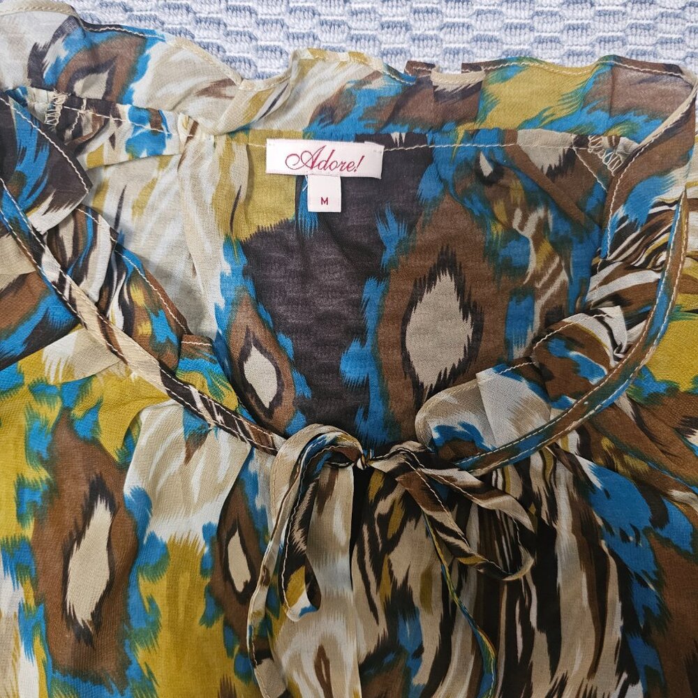 Adore Ruffle Neck Chiffon Blouse Blue Yellow Ikat Abstract Sheer Top Size Medium - Picture 4 of 6
